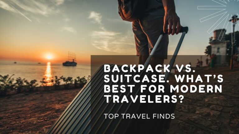 Traveler pulling a suitcase at sunset near the ocean — deciding between suitcase or backpack for modern travel.