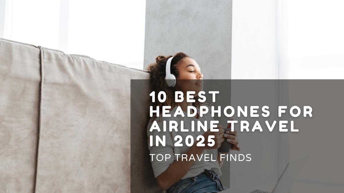 Young woman relaxing with wireless headphones on a couch, smiling and enjoying music — ideal for airline travel in 2025.