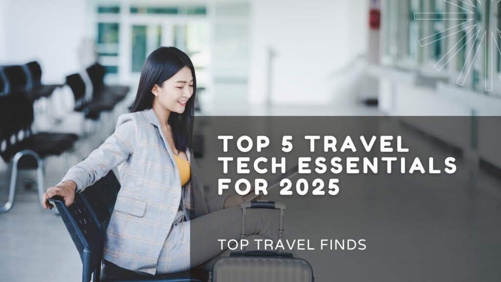 Smiling woman at an airport terminal with luggage, using a digital device — travel tech essentials 2025.