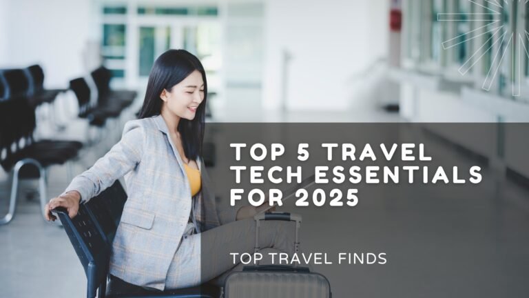 Smiling woman at an airport terminal with luggage, using a digital device — travel tech essentials 2025.